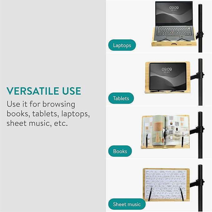 Navaris Book Stands with Clamp - Book Holder for Reading - Bamboo Books Stand - Works for Music, E-Readers or Tablets - 13.39 x 17.72 x 21.65 (34 x 45 x 55 cm)