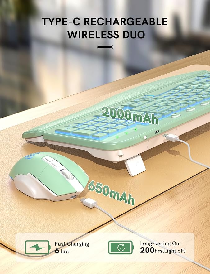 SABLUTE Ergonomic Wireless Keyboard and Mouse Combo - Wave Keyboard with Soft Leather Wrist Rest, Resistant Keys, RGB Backlit Rechargeable Set for PC/Mac/Chromebook (Green)