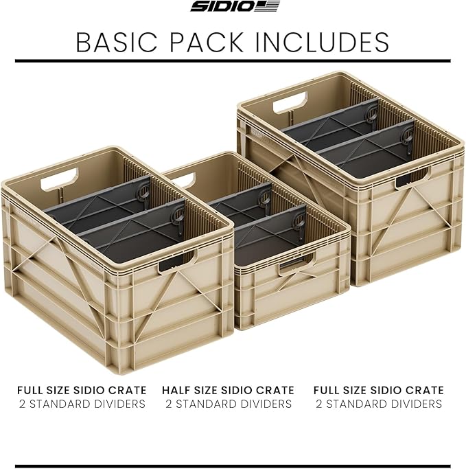 SIDIO Crate Basic Pack - 2 Full-Size & 1 Half-Size Heavy Duty Stackable Storage Bins, Totes and Containers with Dividers - Durable Plastic Organizer for Home, Office, Garage, and Outdoor Use (Tan)
