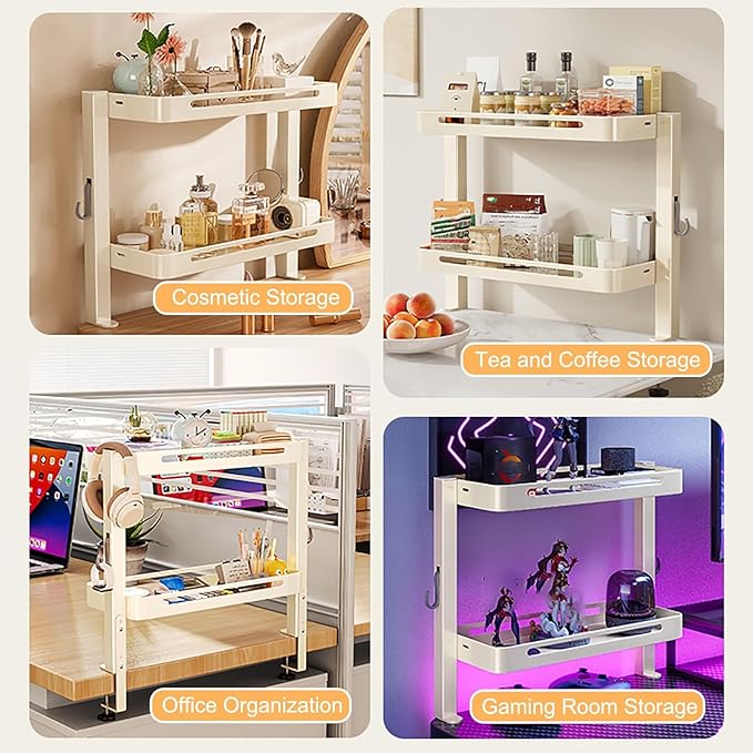 JHDXL Clamp On Desk Organizer Shelf, Rotatable Height Adjustable Over or Under Desk Storage Shelves, Vertical Storage for Small Desks, Home Office, Dorm, Makeup Vanity(White,56cm/22in)