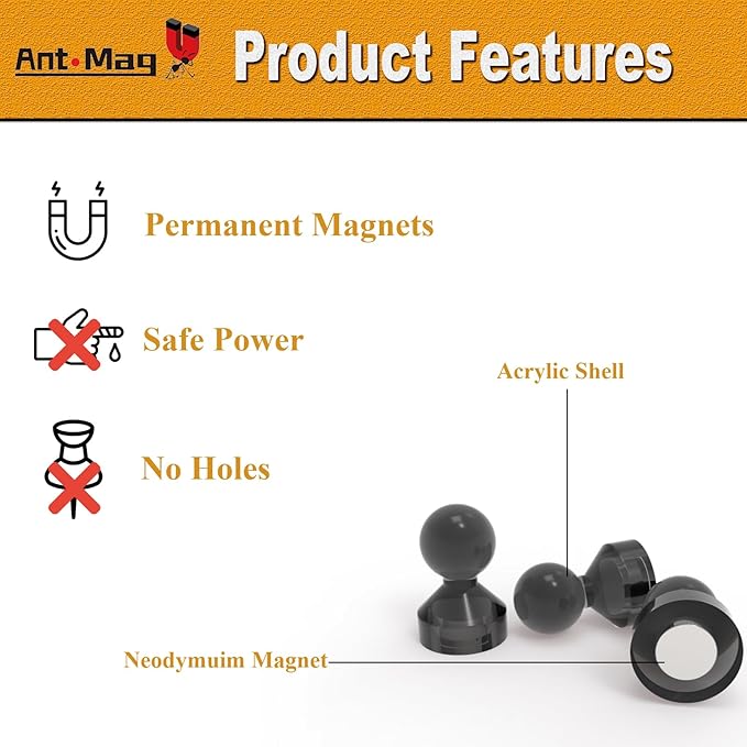 Ant Mag Magnetic Push Pins, 72 Pack Strong Whiteboard Magnets for Fridge, Maps, Office, Kitchen & Classroom Black