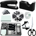 Black Office Desk Accessories, Black Office Supplies Set, Desk Drawer Organizer,Stapler and Tape Dispenser Set,Tape,Staple Remover, Staples, Paper Clips, Scissor and Sticky Note