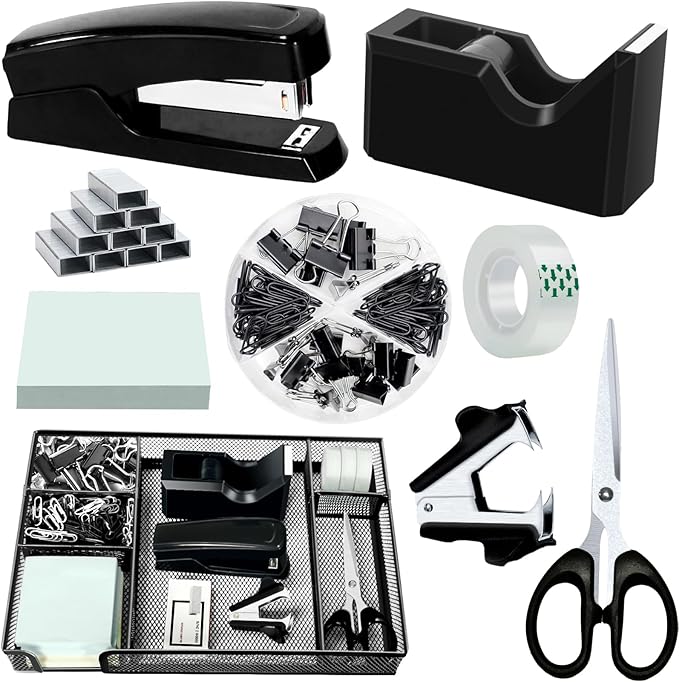 Black Office Desk Accessories, Black Office Supplies Set, Desk Drawer Organizer,Stapler and Tape Dispenser Set,Tape,Staple Remover, Staples, Paper Clips, Scissor and Sticky Note