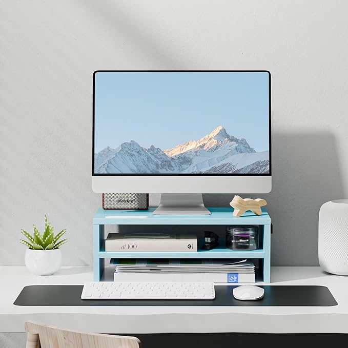 Marbrasse Monitor Stand Riser, 16.5 Inch 2 Tier Computer Printer Shelf Stand for Laptop Computer Screen Storage, Desktop Stand with Phone Holder and Cable Management (Blue)