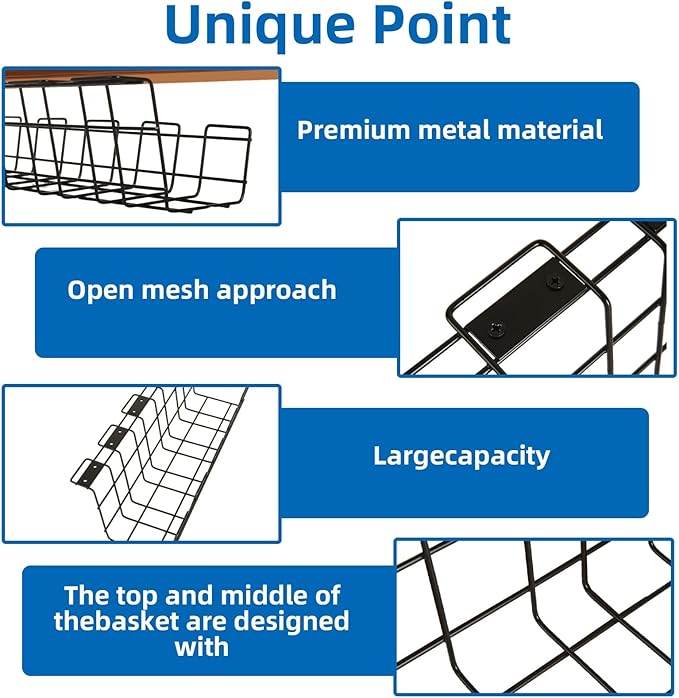 3 Pack Under Desk Cable Management Tray Metal Cord Cable Management Under Desk for Office Studio and Home Easy Install Pre-drilled Wire Organizer