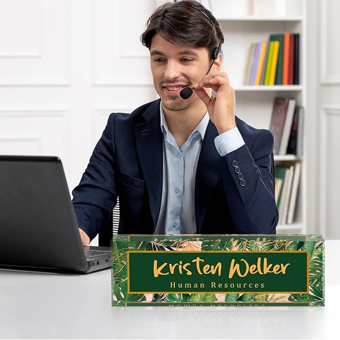 SalaGraphics Desk Name Plate, Custom for, Office Decor Women Men, Acrylic Accessories, Gifts Coworkers Boss Teacher, Employee Appreciation (Green Leaves), 8”(L)x2.5(W)