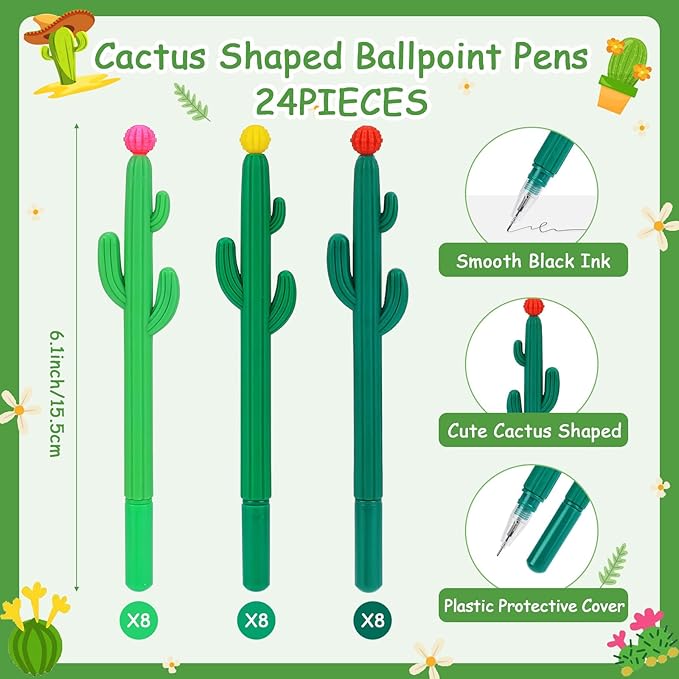 24 Sets Cactus Sticky Notes and Cactus Shaped Ballpoint Pens, Cute Self-Stick Notepads Plant Memo Pads for Office Supplies Party Favors, Christmas Gifts for Coworkers Teachers