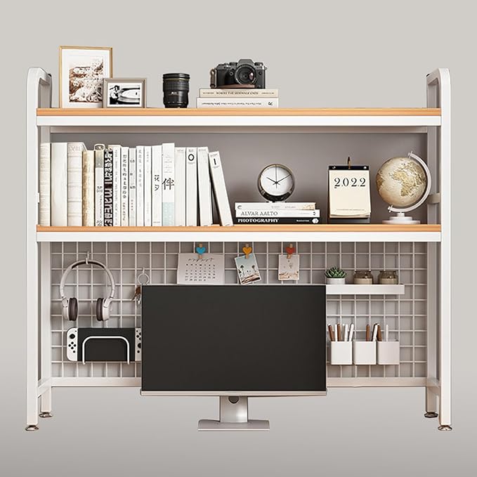 Desk Shelf Bookcase 2-Tier Metal Desktop Bookshelf Hutch with Grid Panel and DIY design possible Multipurpose Storage Organizer Display Rack for Dorm Office Home Computer Desk(White 45.3"×7.9"×38.6")