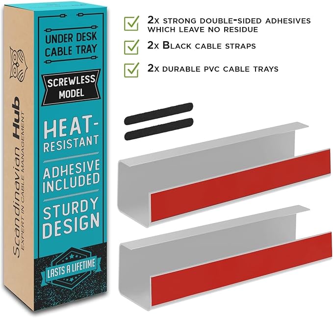 No-Screw Under Desk Cable Management Tray - Self-Adhesive Installation, Cord Management, Cable Tray, Under Desk Wire Organizer - White Set of 2