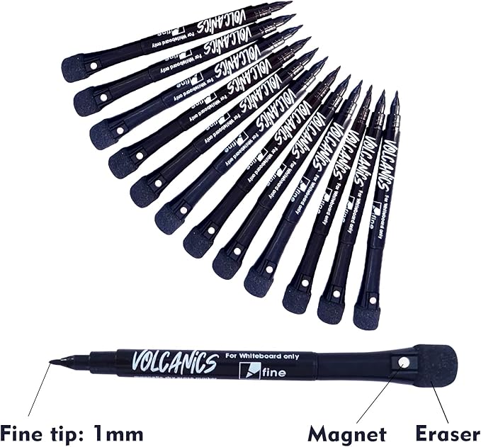 Volcanics Magnetic Dry Erase Markers With Eraser Low Odor Fine Tip Whiteboard Pens Pack of 12, Black