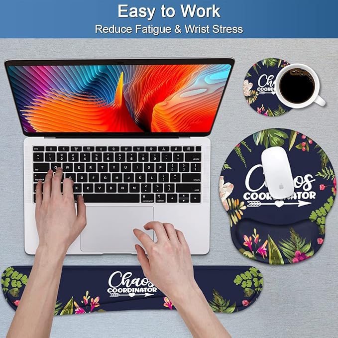 Keyboard Wrist Rest and Mouse Pad Wrist Support Set with Coasters, Chaos Coordinator Quotes Colored Floral Wreath Print Wrist Support Mouse Pad with Non-Slip PU Base for Computer Laptop Home Office