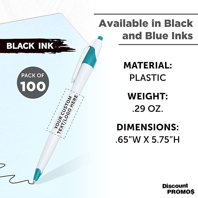 DISCOUNT PROMOS Custom Slim Curvy Ballpoint Pens Set of 100, Personalized Bulk Pack - Black Ink, Retractable, Great for Office, School, Tradeshows - Teal