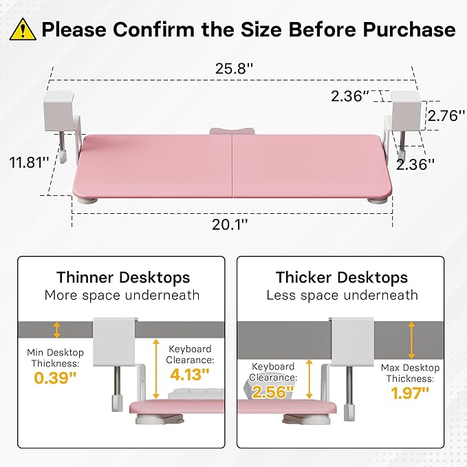 BONTEC KMT01-PJ Under Desk Keyboard Tray, Pull-Out Keyboard & Mouse Platform with C-Clamp, 20 x 11.8 in Space-Saving Ergonomic Slide-Out Drawer, Pink