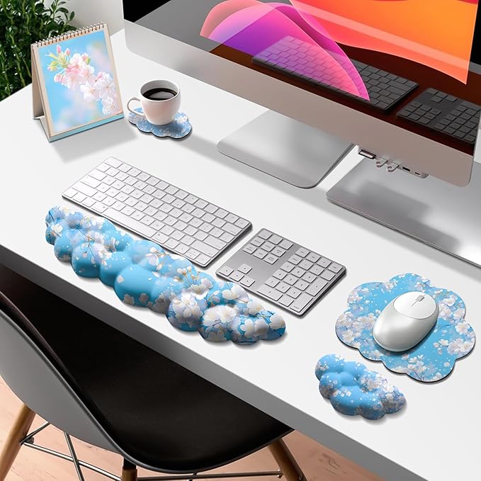 JIKIOU Cloud Wrist Rest Keyboard, Cloud Keyboard Wrist Pad Set with Comfortable Cloth, Cute Arm Rest for Palm Support, PC/Gaming Desk Accessories/Office Setup/Computer Hand Cushion Sakura