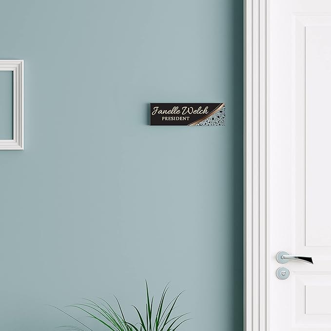 Artblox Personalized Office Desk Name Plate and Business Card Holder | Clear Acrylic Glass with Teak Wood Stand | Profesional Design Customized with Your Name and Credentials Office Desk Decor