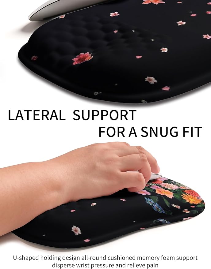 Hokafenle Ergonomic Wrist-Hugging Mouse Pad Wrist Support, U-Shaped Holding Wrist Rest Mousepad for Carpal Tunnel Pain Relief with Cushioned Memory Foam Slope Massage Bulge (10.2x8.3 in,Fall Flower)