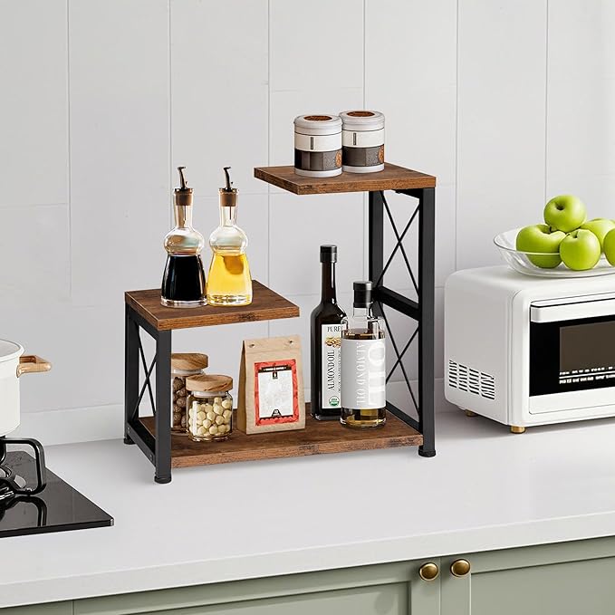 Desk Shelf Organizer, 3 Tier Storage Shelf Riser Display Stand, Wood Desktop Organizer Small Bookshelf, Desktop Shelf for Office Decor and Desk Accessories,Rustic Brown Black