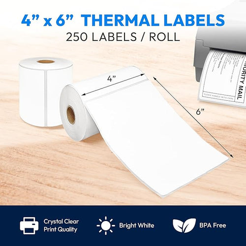 4x6 Direct Thermal Label, Barcode Address Mailing Name Shipping Labels, Perforated Thermal Stickers, Multipurpose, Commercial Grade for Thermal Printer, Strong Adhesive, 250/Roll, 4 Rolls