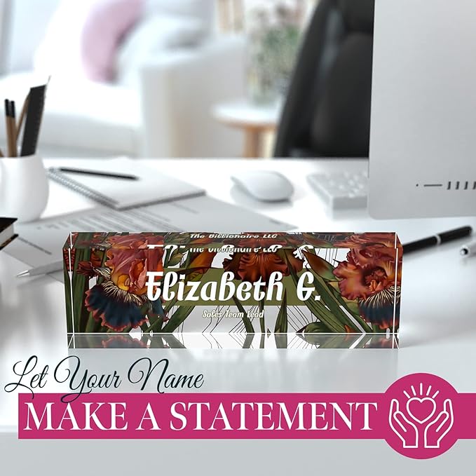 Desk Name Plate Personalized, Custom Name Plates, 2½/x8 Inches, Thick Crystal-Clear Acrylic, Gift Box, Office Desk Decor. USA Made by ACRYLUXE (Iris)