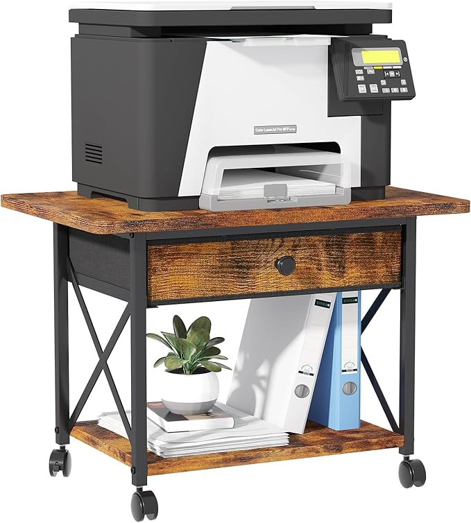 EasyCom 23.6" x 15.7" Under Desk Printer Stand with Storage Drawer, 2-Tier Shelf Desktop Printer Table for Desk with Wheels, Large Rolling Cart for Home Office Fits 3D Printer Scanner Rustic Brown