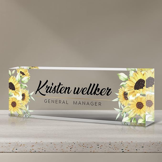 Desk Name Plate Personalized, Premium Sunflower Acrylic Desk Name Plate, Personalized Name Plate for Desk, Office Decor for Women or Men Coworkers, Boss, Employee, Teacher(Sunflower2)