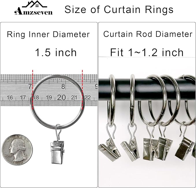 AMZSEVEN 100 Pack Metal Curtain Rings with Clips, Drapery Clips Hooks, Decorative Curtain Rod Clips 1.5 in Interior Diameter, Silver