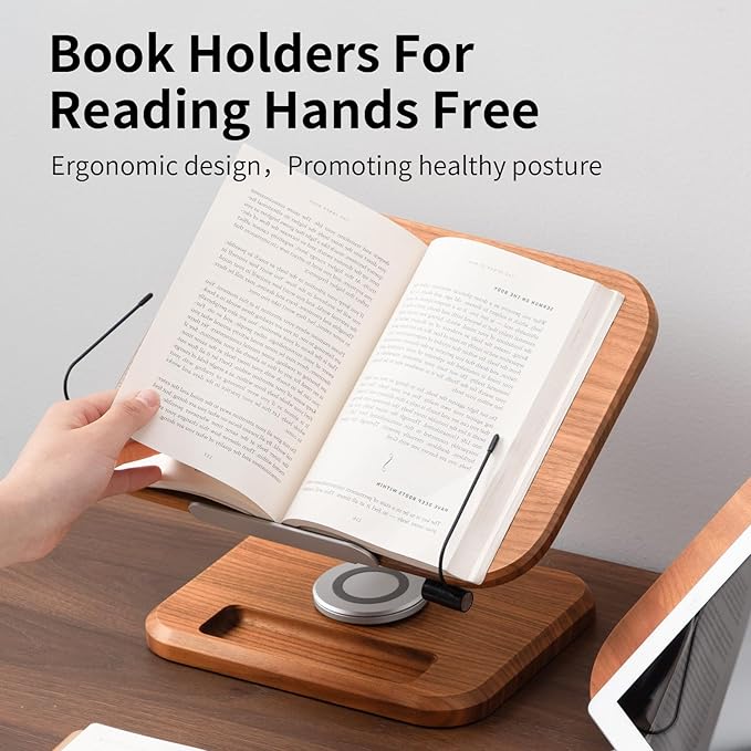 Book Stand for Reading, Mayhas Adjustable Book Holder with 360° Swivel Base&Page Clips, Foldable Desktop Stand for Cookbook, Fits All Books (Cherry Wood, Wood Base)