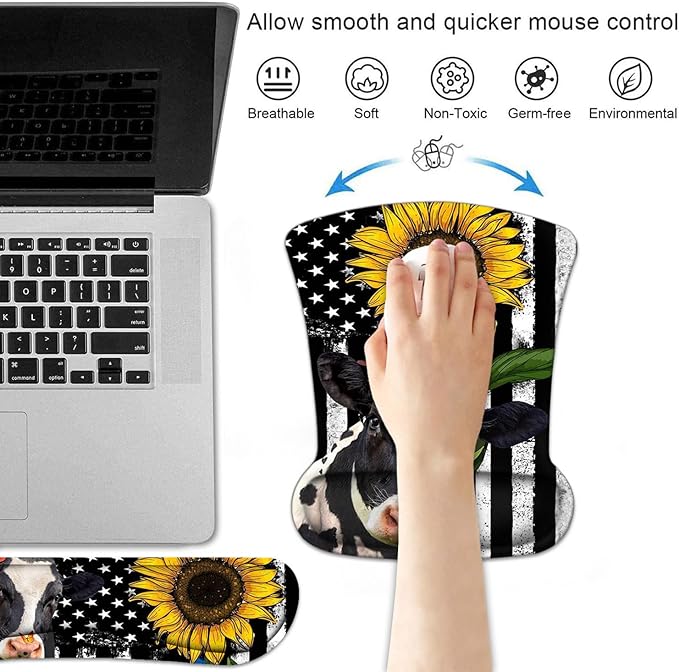 Keyboard Wrist Rest and Mouse Pad Wrist Support Set with Coasters, Non-Slip PU Base Ergonomic Mousepad for Computer Laptop Home Office Easy Typing & Pain Relief, American Flag Sunflower and Cow