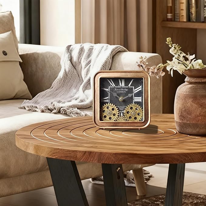 Vintage Desk Clock, 6 inch Metal Table Clocks with Moving Gears, Small Silent Non Ticking Industrial Steampunk Quartz Shelf Clock for Home Office Living Room Desk Decor Battery Operated (GOLD)