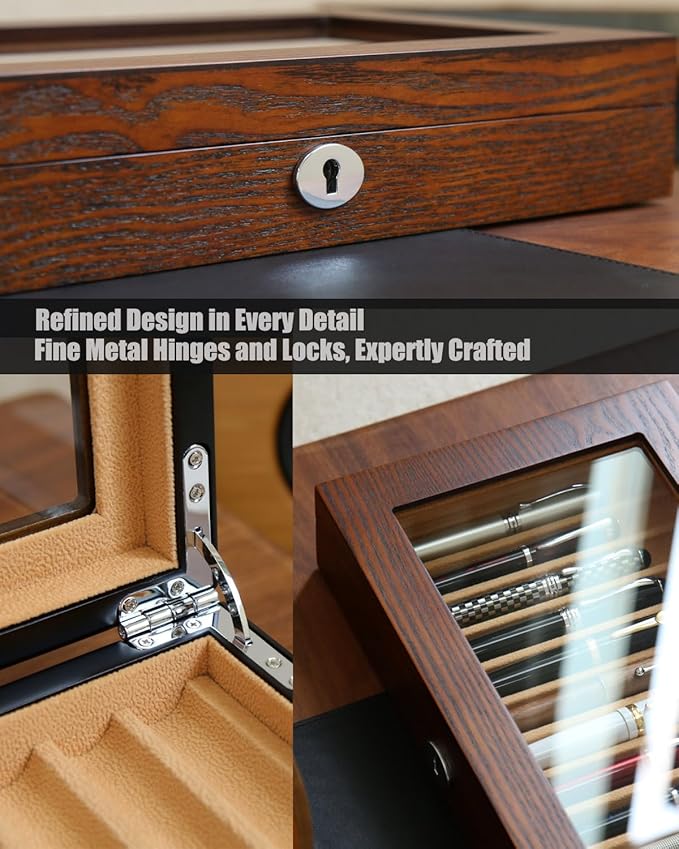 12-Slot Fountain Pen Collector Case – Lockable Wooden Organizer with Glass Display Top, Premium Storage Box for Writing Instruments and Gift for Men