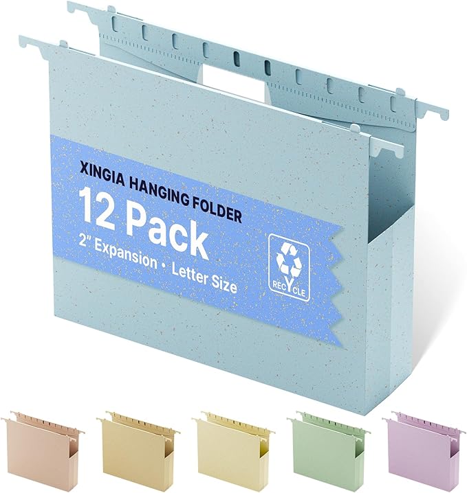 Wheat Straw Plastic Hanging File Folders Letter Size, 2'' Expansion Extra Capacity Filing Cabinet Folders with Tabs, 12 Pack Reinforced Accordion File Organizer for Office School(Morandi Blue)