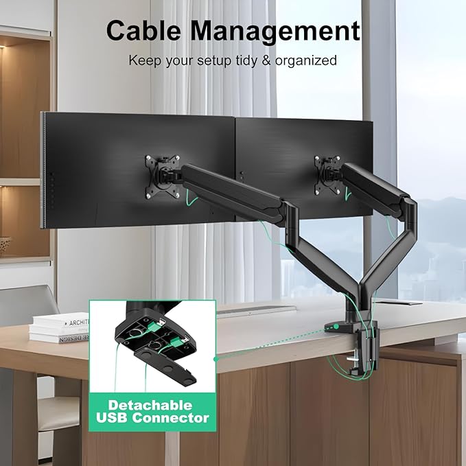 Dual Ultrawide Monitor Mount for 22-35 inch Computer Screens, 2 Monitor Arm Stand with Gas Spring System Each Holds up to 30.8lbs, Full Motion Height Adjustable, VESA 75x75/100x100mm