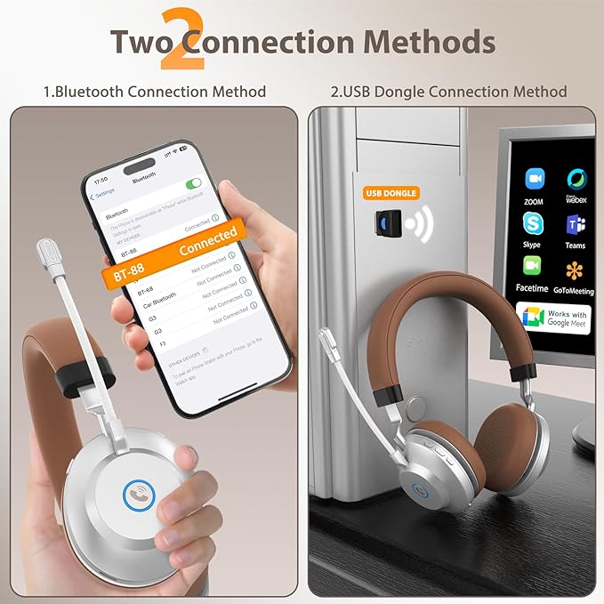 Wireless Headset with Mic for Work, Bluetooth Headset with Noise Cancelling Mic for Clear Calls, Bluetooth V5.3 Headphones with Mic Mute & USB Dongle, Charging Base for PC/Laptop/Phones/Call Center