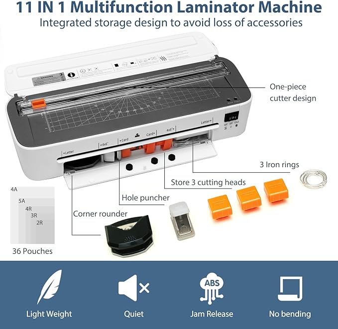 Laminator Machine, 11 in 1 Laminating Never Jam Technology with 36 Laminating Sheets, 9 Inch Thermal Laminator A4 Laminating Machine Hot & Cold with Paper Trimmer for Home Office School