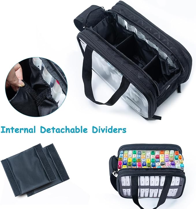 Marker Organizer Case – Holds 72-96Markers | Portable Art Marker Storage Bag with Clear View Panels & Removable Dividers | Marker Holder for Alcohol Markers, Pens, Craft Supplies(Case Only)