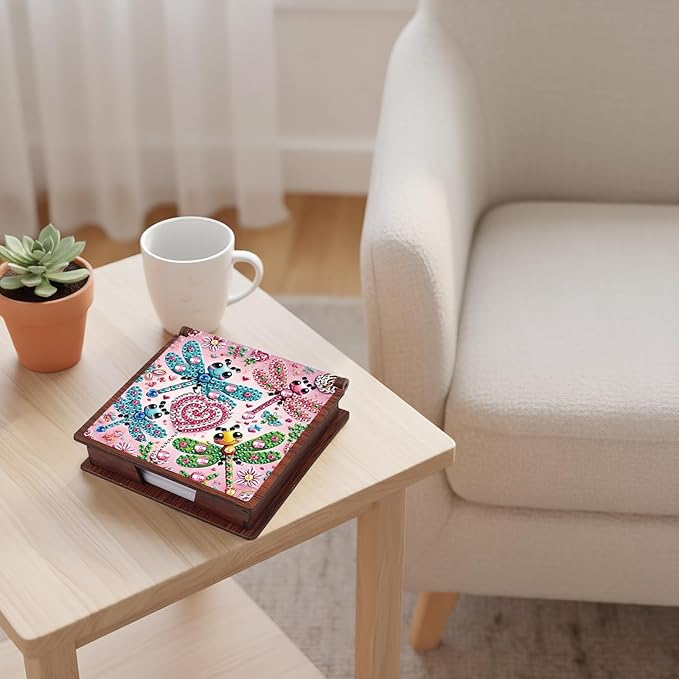 Wooden DIY Dragonfly Diamond Art Notecard Box – DIY Gem Art Sticky Note Holder for Adults 160 Sheets Memo Pad Storage