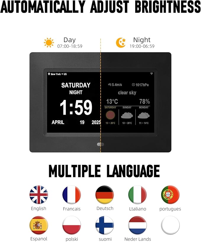 Digital Alarm Clock, Multiple Alarm Functions, Clock with Date and Week, Digital Alarm and Electronic Calendar for Seniors (Black, 7inch WiFi)