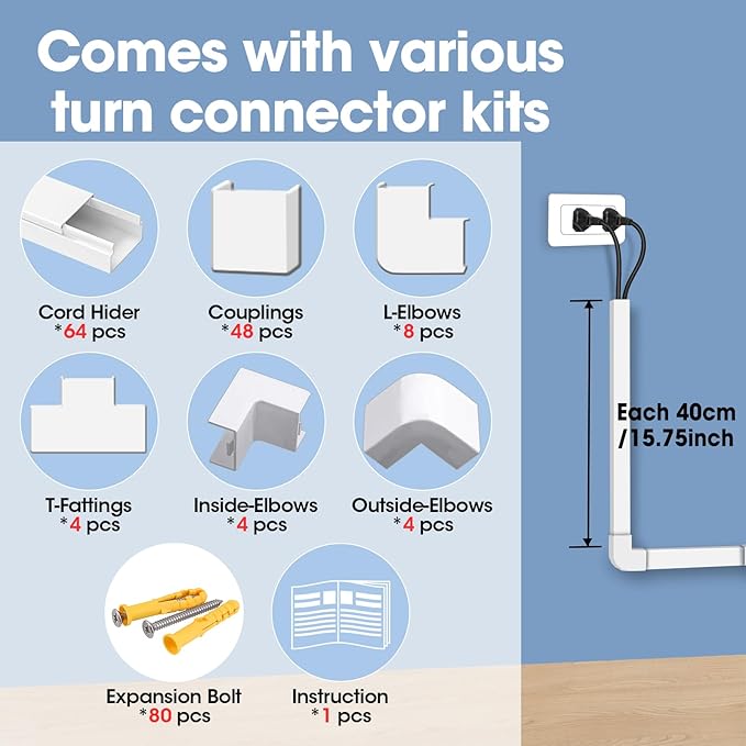 1000in Cord Hider Kit, Cord Covers for Wires on Wall, Paintable Cable Raceway, Cord Hider for Wall Mount tv, tv Cable Hider Wall kit, Wire Covers for Cords, 64X L15.7 X W0.96in X H0.57in, White