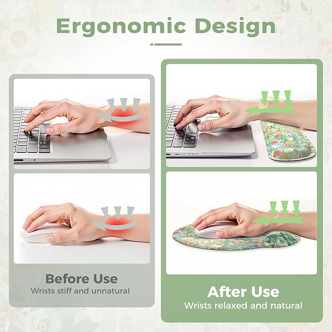 iLeadon Mouse Pad with Wrist Support, Wrist Pad for Keyboard, Ergonomic Mouse Pad Set for Office Home(Green Floral)