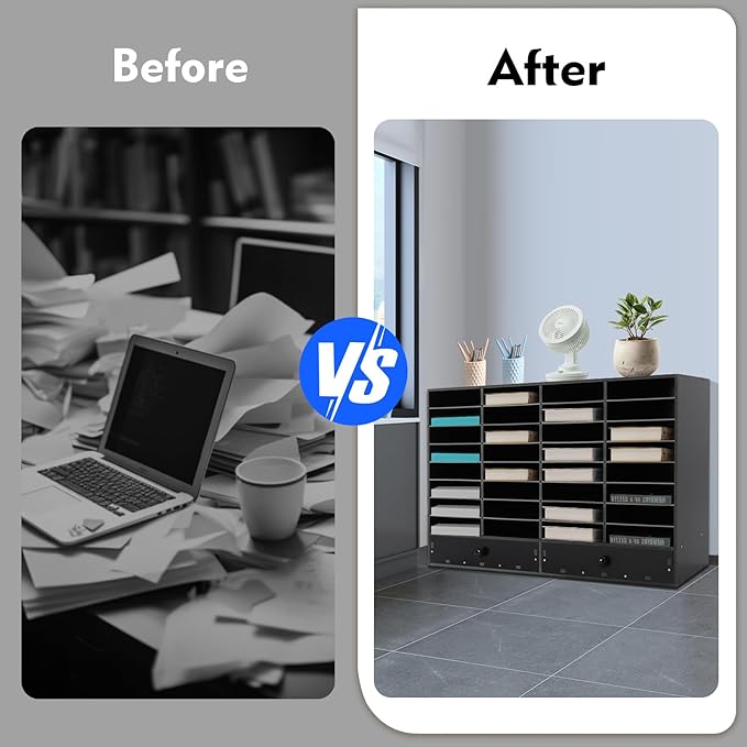 DYRABREST 32 Slot Literature Organizer Adjustable Desktop File Sorter with 2 Drawers, Stackable Office Mail Sorter 32 Compartments Magazine Holder Paper Storage Cabinet for Office Home School
