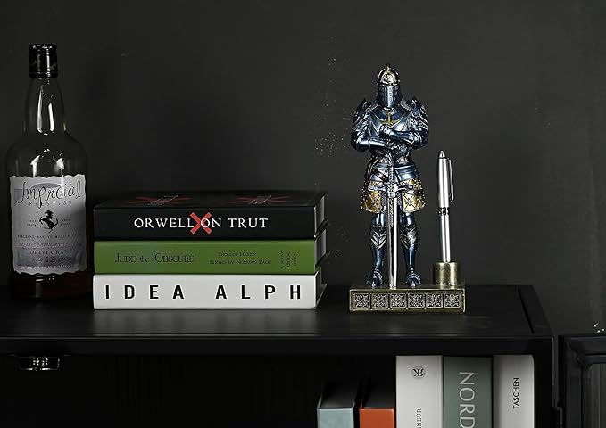 Knight Pen Stand Decoration Resin Pen Holder Art Craft Paperweight for Desktop Organizer Festival Gifts for Boyfriend Husband Dad Son(Blue)