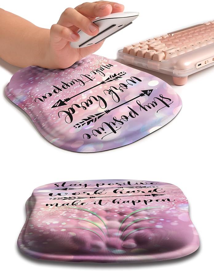 Hokafenle Ergonomic Wrist-hugging Mouse Pad Wrist Support, U-shaped Holding Wrist Rest Mousepad for Carpal Tunnel Pain Relief with Cushioned Memory Foam Slope Massage Bulge (10.2x8.3 in,Stay Positive)