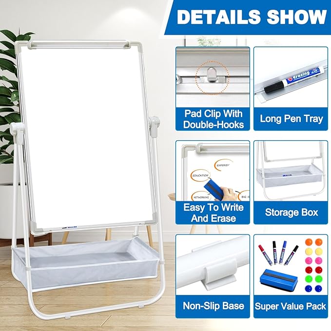 Dry Erase White Board with Stand Double Sided 36"X24" Magnetic U Standing Easel Whiteboard, Height Adjustable & 360° Rotation Portable White Boards for Classroom, Home & Office