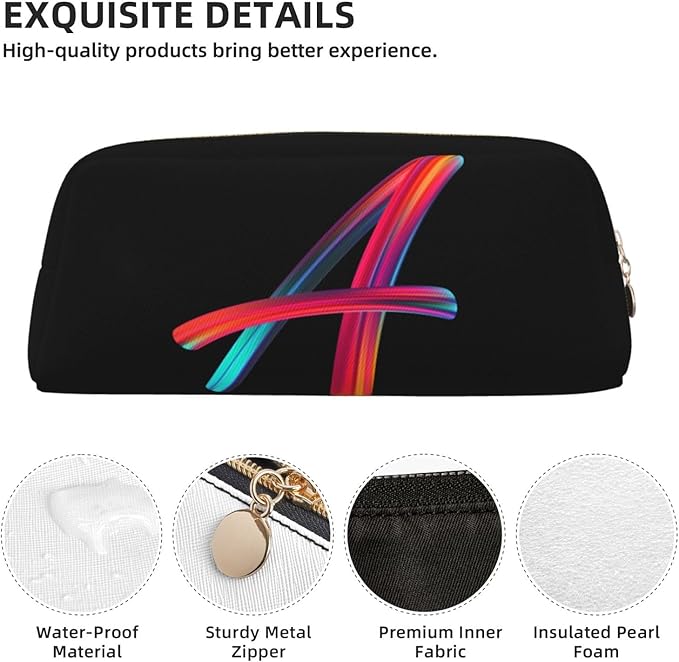 Cute Initial Pencil Case for Kids Simple Leather Pencil Pouch for Boys Girls Letter Design Pencil Box Pen Bag Pencil Pouch Office Stationery Organizer, Rainbow Letter A