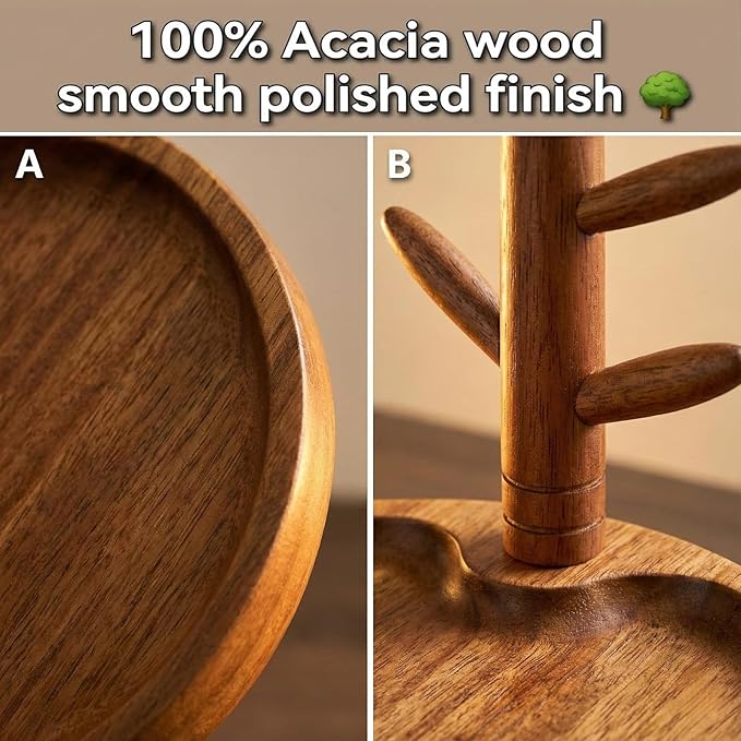 Solid Acacia Key Tray, Key Bowl for Entryway Table, Natural Catchall Tray with Key Holder Stand with 5 Hooks, Wooden Dish for Wallet, Watch, Jewelry Organizer