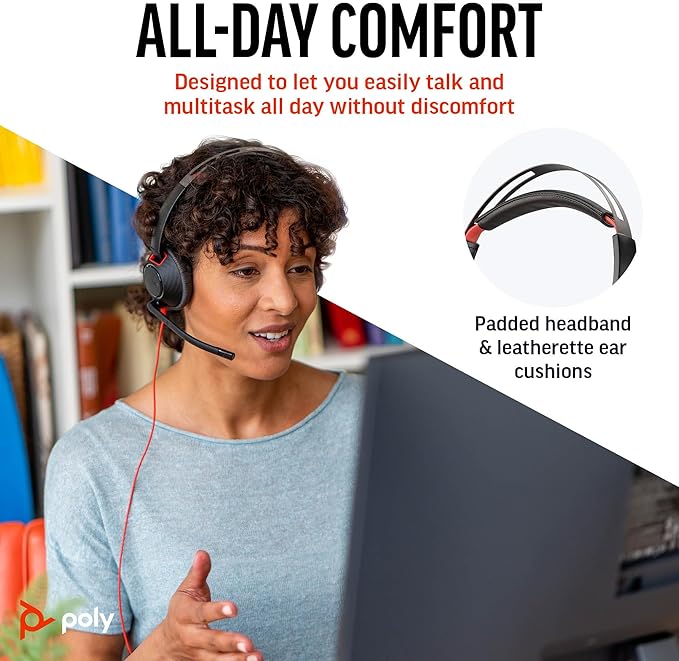 Poly Blackwire 5220 Wired Headset - Flexible Boom Mic - Noise Cancelling Headphones with Mic - USB-C, USB-A, 3.5mm - Ergonomic Over-Ear Design - Works with Microsoft Teams, Zoom - Work from Home