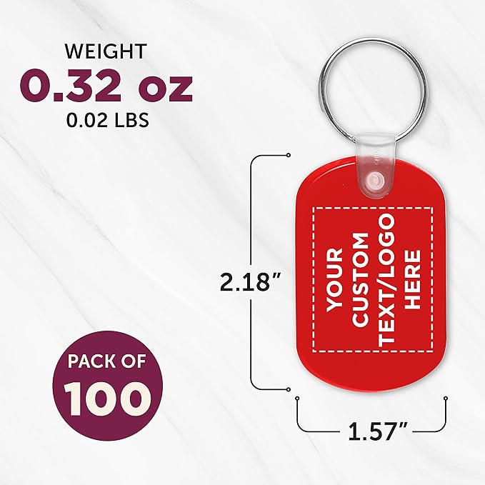 DISCOUNT PROMOS Tag Soft Plastic Keychains - 100 pack - Customizable Text, Logo - Small Key Tag Chain For Staying Organized - Rubber Key Ring Keychain – Red
