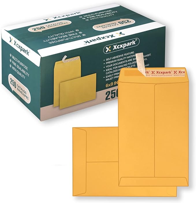 Xxcxpark 250 PCS 6x9 inches Security Catalog Envelopes Printable Self Seal Envelopes, Anti Tear brown Kraft Envelopes for Invitation Cards, Pictures, Photos, Documents
