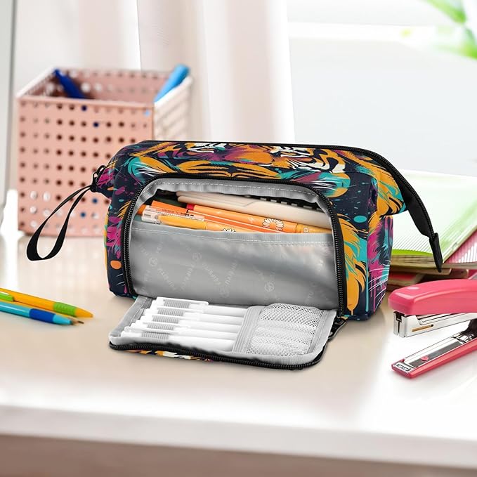 Tigers Colorful Pencil Case Pouch Big Capacity Pencil Bag Box Organizer Pen Case with Handle Stationery Organizer for Girls Boys Adults Women School Office