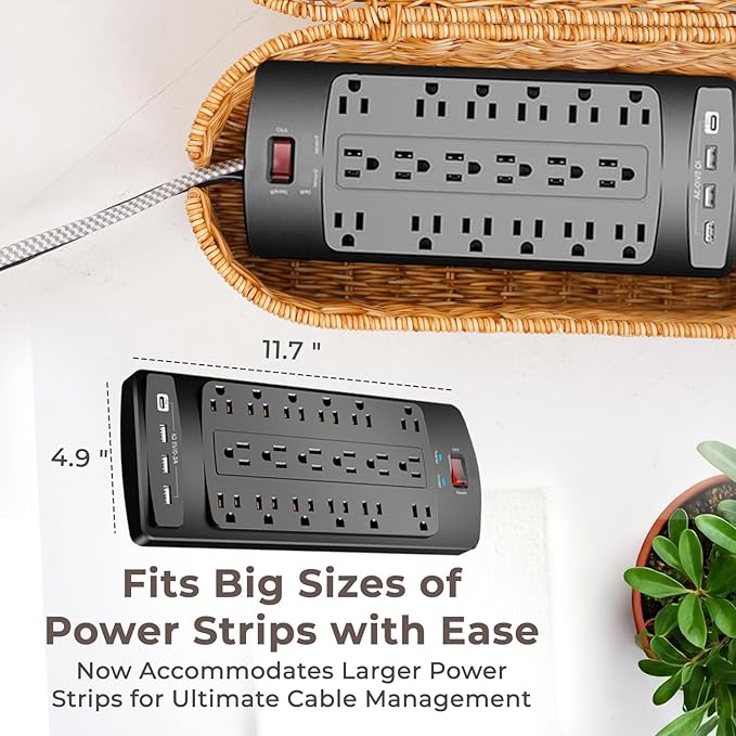 Cable Management Box, Handmade Rattan Cable Organizer, 2 Open Slots Cords Hider Box, Under Desk Cord Organizer for Computer Router USB Hub & Power Strip, Patent Pending, 15.9" x 6.5" x 6.5", Natural